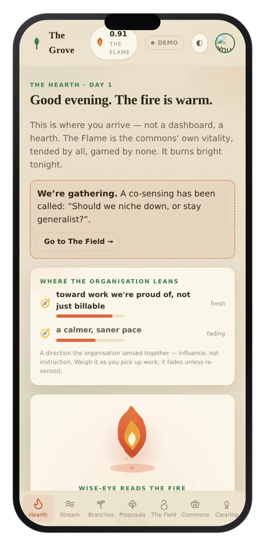 The Hearth screen: the organisation as a whole, with its Flame and where it leans