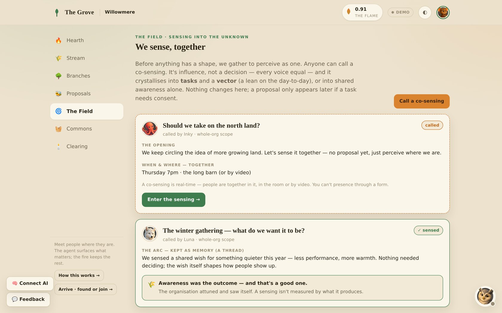 The Field screen: 'We sense, together', a Call a co-sensing button, a live sensing 'Should we take on the north land?', and a completed, sensed thread.