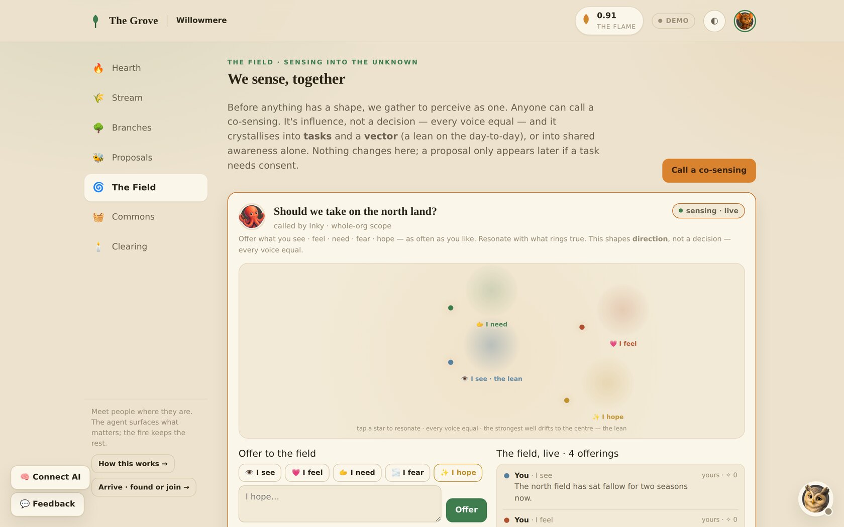 The live field showing offerings arranged as points of gravity and warmth, with the note 'tap a star to resonate — every voice equal — the strongest well drifts to the centre — the lean.'