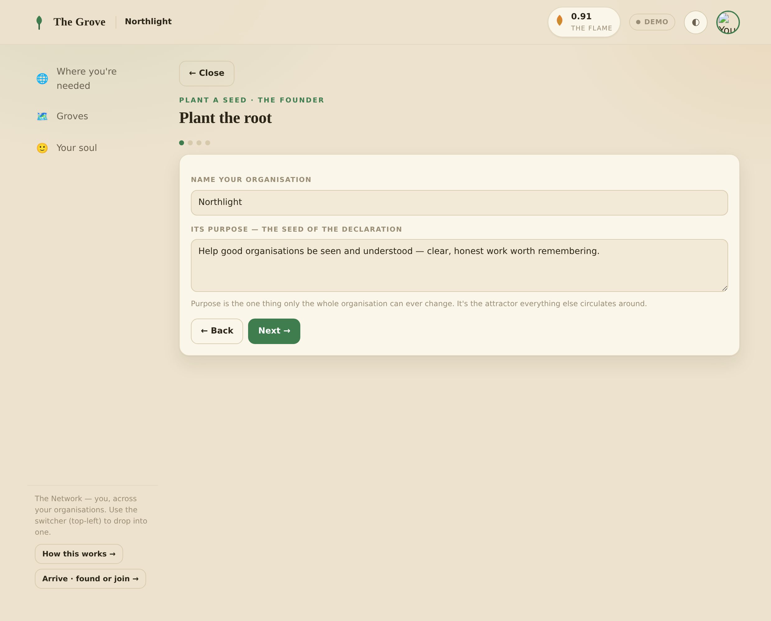 The founding screen 'Plant the root': fields to name the organisation and declare its purpose, with Wise-Eye offering to draft the purpose and suggest a name.