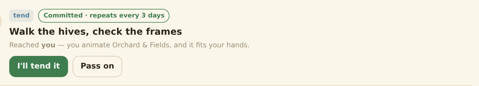 A single work item: 'Walk the hives, check the frames — Committed, repeats every 3 days. Reached you: you animate Orchard & Fields, and it fits your hands,' with 'I'll tend it' and 'Pass on'.