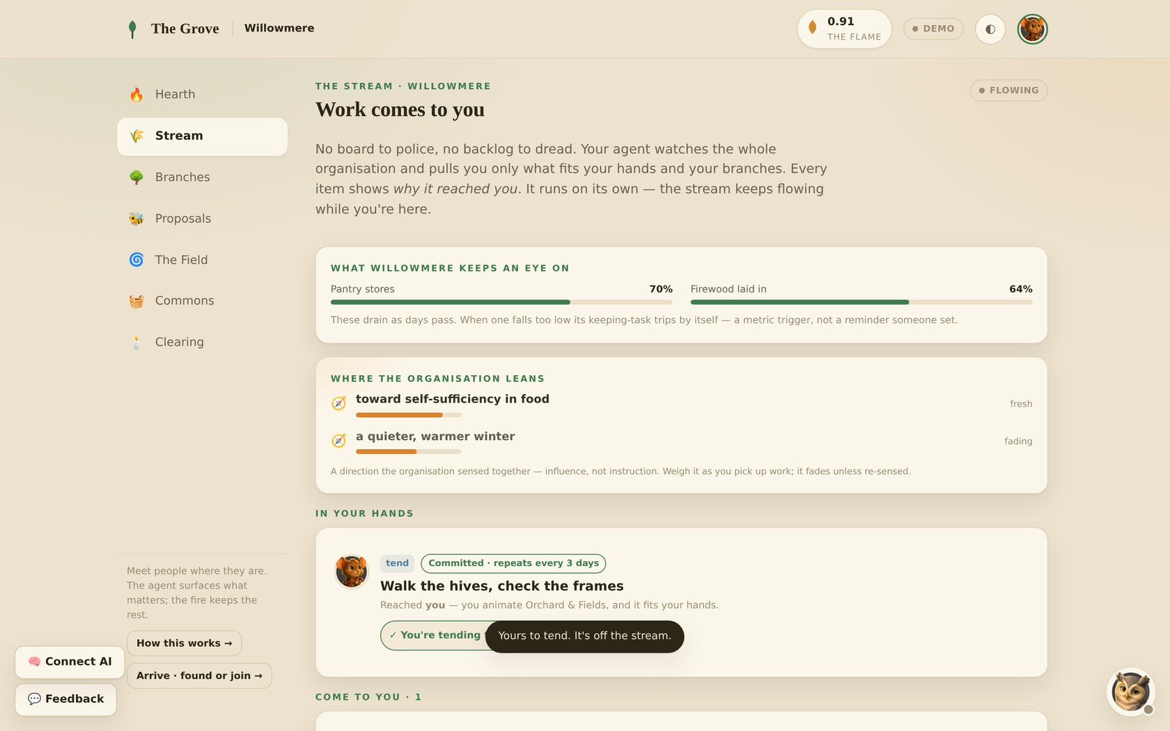 After choosing: the item moves to an 'In your hands' section marked 'You're tending', with a note 'Yours to tend. It's off the stream,' and the incoming count drops by one.