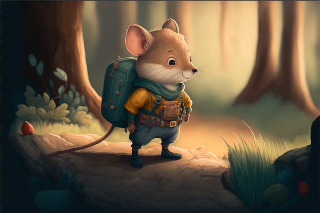 Max, a small mouse with a backpack, standing in a sunlit forest